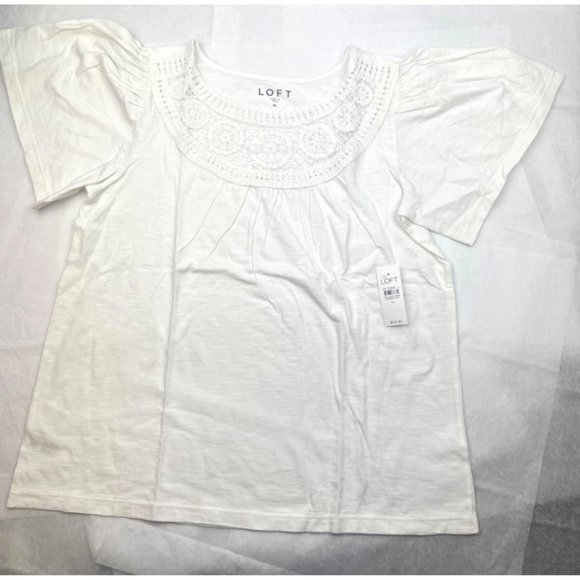 LOFT Women Crochet Yoke Flutter Sleeve Top M - Picture 8 of 16
